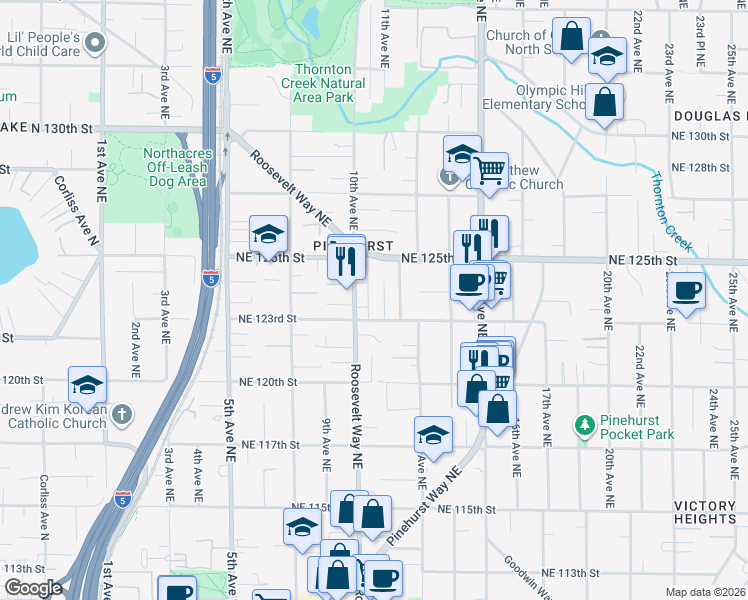 map of restaurants, bars, coffee shops, grocery stores, and more near 12312 Roosevelt Way Northeast in Seattle