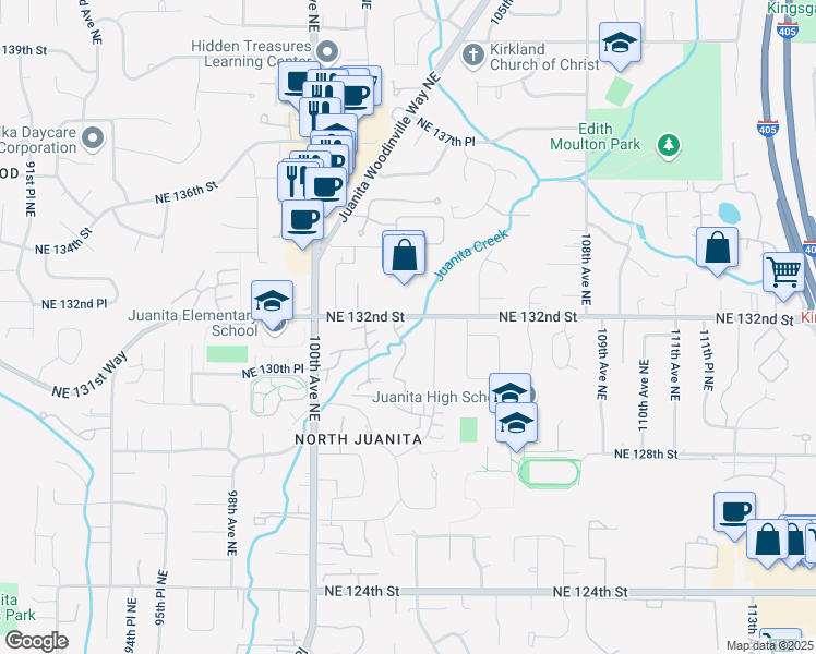 map of restaurants, bars, coffee shops, grocery stores, and more near 13150 102nd Lane Northeast in Kirkland