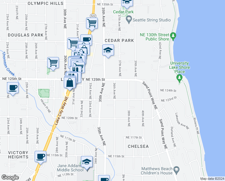 map of restaurants, bars, coffee shops, grocery stores, and more near 12329 36th Avenue Northeast in Seattle