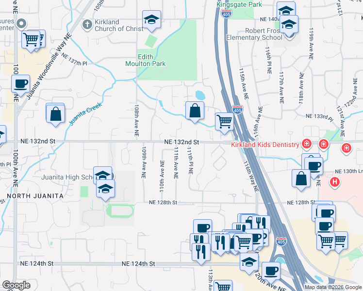 map of restaurants, bars, coffee shops, grocery stores, and more near 13100 111th Avenue Northeast in Kirkland