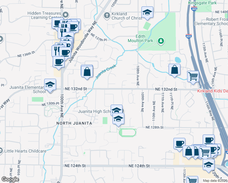 map of restaurants, bars, coffee shops, grocery stores, and more near 10428 Northeast 131st Street in Kirkland