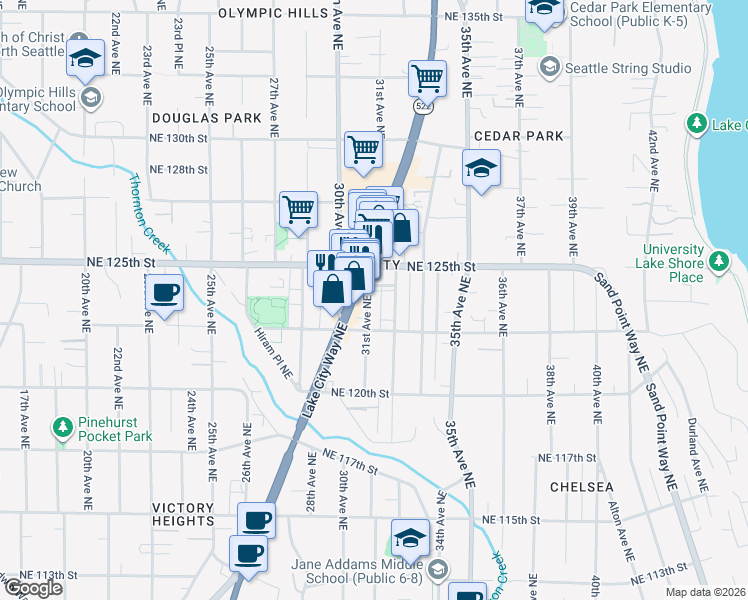 map of restaurants, bars, coffee shops, grocery stores, and more near 12334 31st Avenue Northeast in Seattle