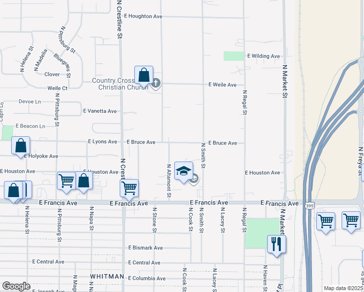 map of restaurants, bars, coffee shops, grocery stores, and more near 2414 East Bruce Avenue in Spokane