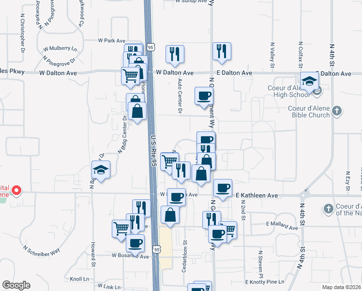 map of restaurants, bars, coffee shops, grocery stores, and more near 4400 North Crown Avenue in Coeur d'Alene