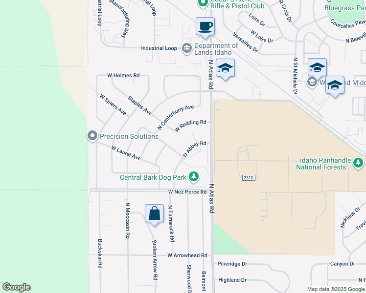 map of restaurants, bars, coffee shops, grocery stores, and more near 3901 West Spiers Avenue in Coeur d'Alene