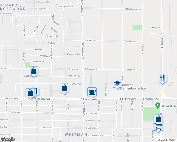 map of restaurants, bars, coffee shops, grocery stores, and more near 6611 North Lee Street in Spokane
