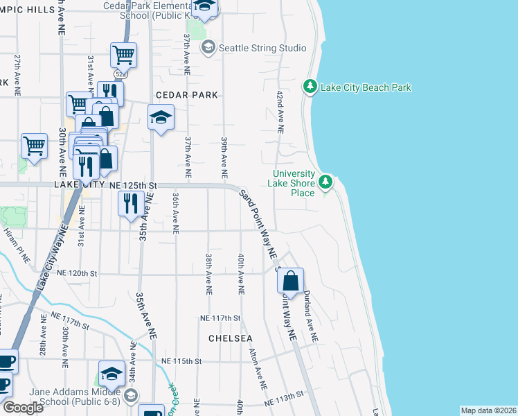 map of restaurants, bars, coffee shops, grocery stores, and more near 12325 Sand Point Way Northeast in Seattle