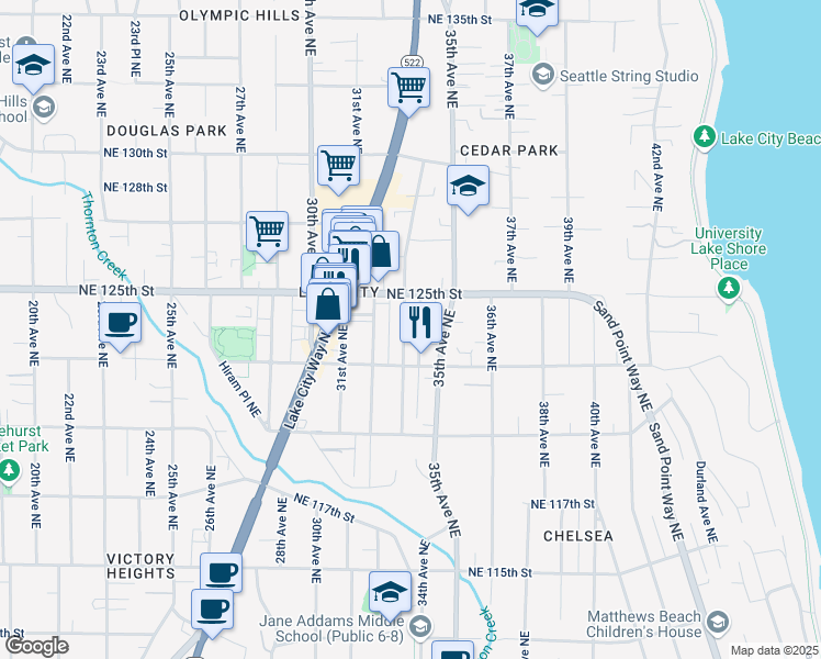 map of restaurants, bars, coffee shops, grocery stores, and more near 12317 35th Avenue Northeast in Seattle