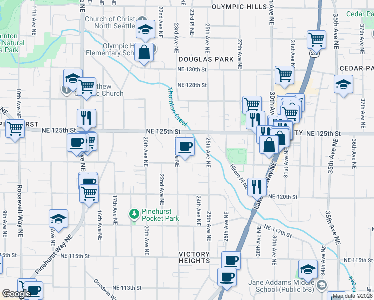 map of restaurants, bars, coffee shops, grocery stores, and more near 12312 23rd Avenue Northeast in Seattle