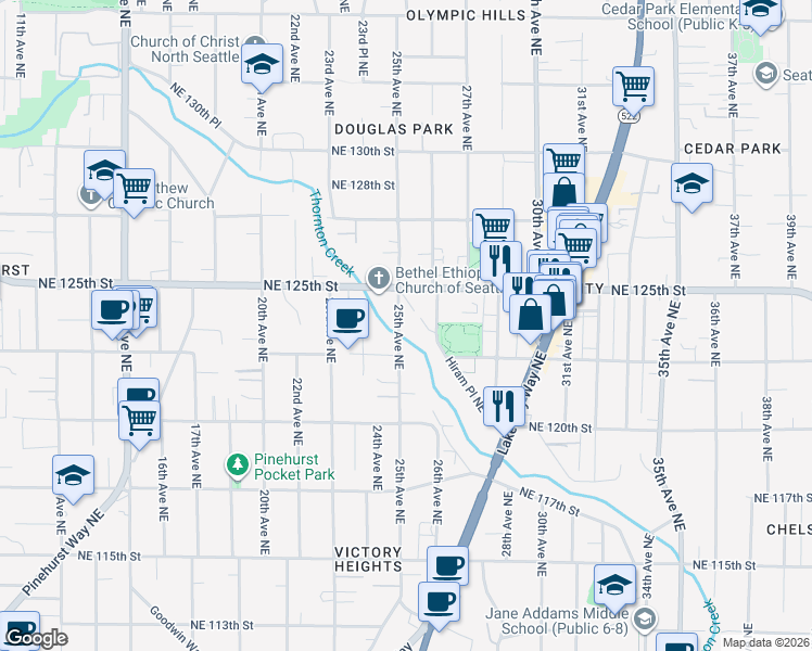 map of restaurants, bars, coffee shops, grocery stores, and more near 12328 25th Avenue Northeast in Seattle