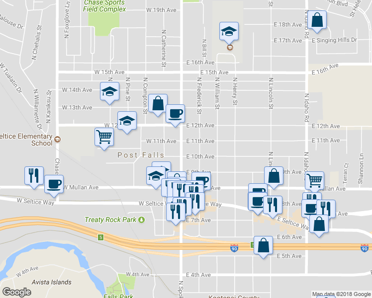 map of restaurants, bars, coffee shops, grocery stores, and more near 1002 North Spokane Street in Post Falls