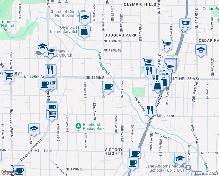 map of restaurants, bars, coffee shops, grocery stores, and more near 12312 23rd Avenue Northeast in Seattle