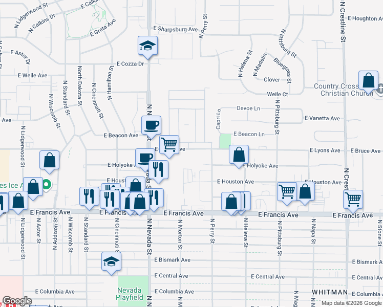 map of restaurants, bars, coffee shops, grocery stores, and more near 1210 East Lyons Avenue in Spokane