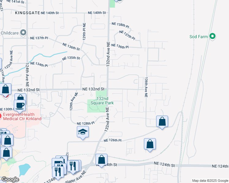 map of restaurants, bars, coffee shops, grocery stores, and more near 13229 Northeast 131st Place in Kirkland
