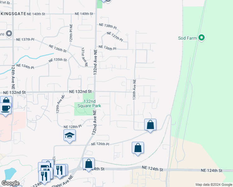map of restaurants, bars, coffee shops, grocery stores, and more near 13112 134th Avenue Northeast in Kirkland