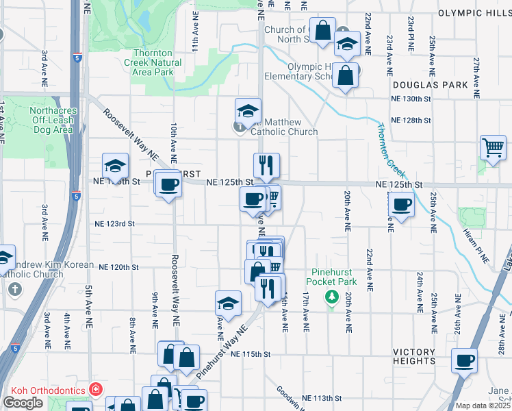 map of restaurants, bars, coffee shops, grocery stores, and more near 12309 15th Avenue Northeast in Seattle