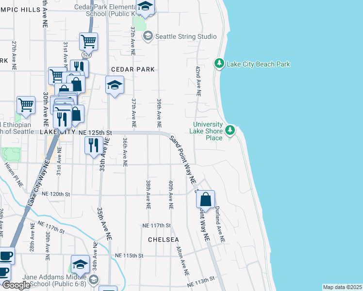 map of restaurants, bars, coffee shops, grocery stores, and more near 12340 Sand Point Way Northeast in Seattle
