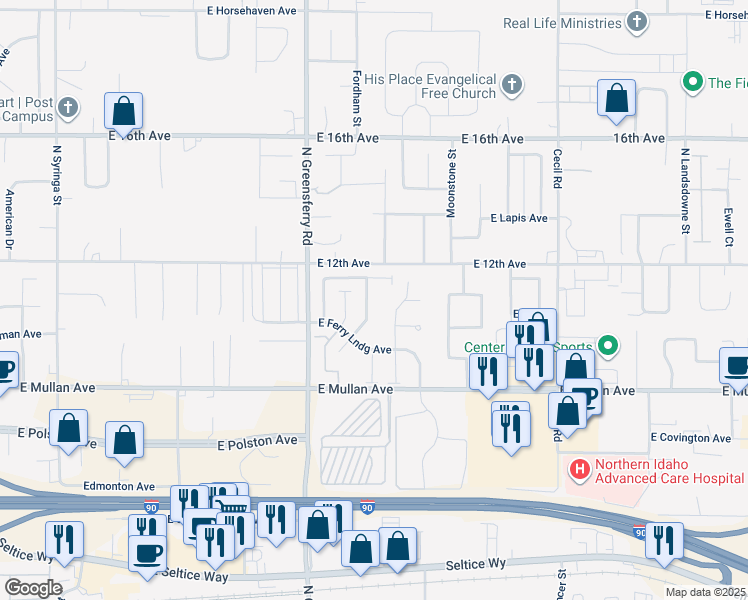 map of restaurants, bars, coffee shops, grocery stores, and more near 1040 North Whidbey Lane in Post Falls