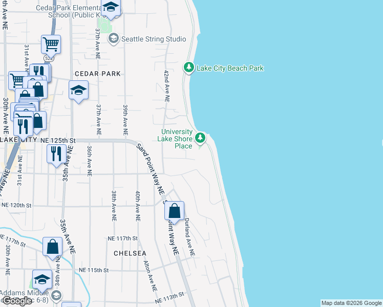 map of restaurants, bars, coffee shops, grocery stores, and more near 4239 Northeast 124th Street in Seattle