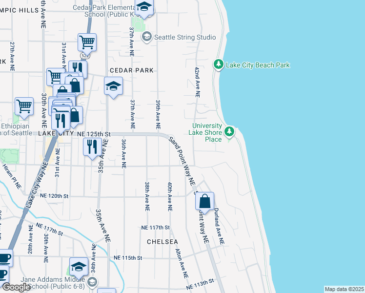 map of restaurants, bars, coffee shops, grocery stores, and more near 12325 Sand Point Way Northeast in Seattle