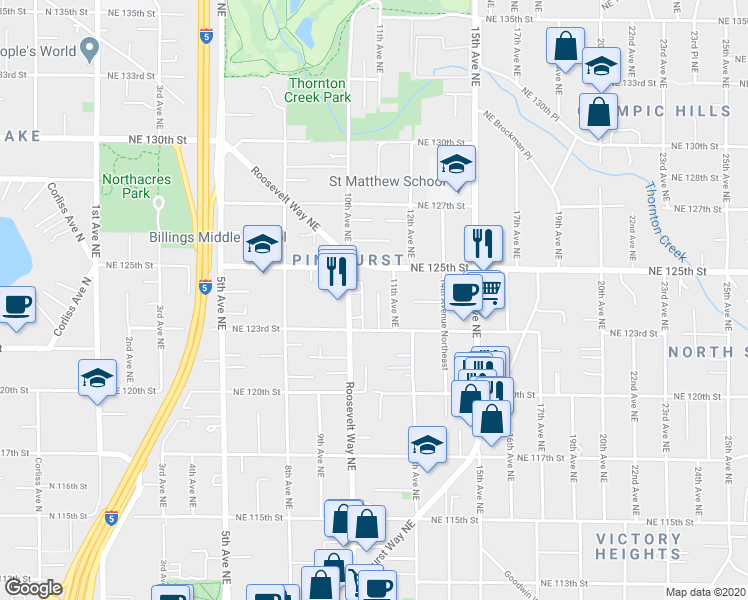 map of restaurants, bars, coffee shops, grocery stores, and more near 12300 10th Place Northeast in Seattle