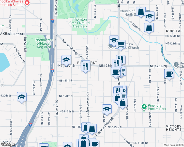 map of restaurants, bars, coffee shops, grocery stores, and more near 12300 10th Place Northeast in Seattle
