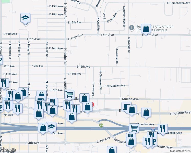 map of restaurants, bars, coffee shops, grocery stores, and more near 1000 Shannon Lane in Post Falls