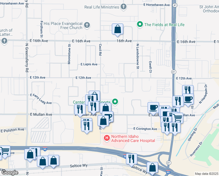 map of restaurants, bars, coffee shops, grocery stores, and more near 1090 North Cecil Road in Post Falls