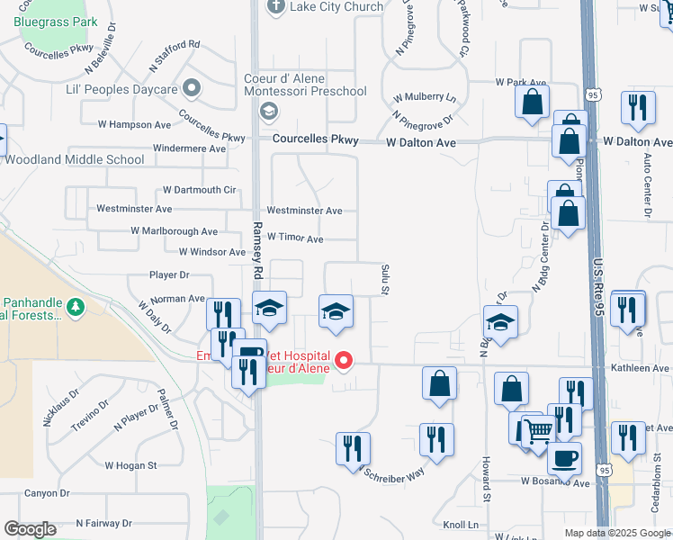 map of restaurants, bars, coffee shops, grocery stores, and more near 1456 West Bering Drive in Coeur d'Alene