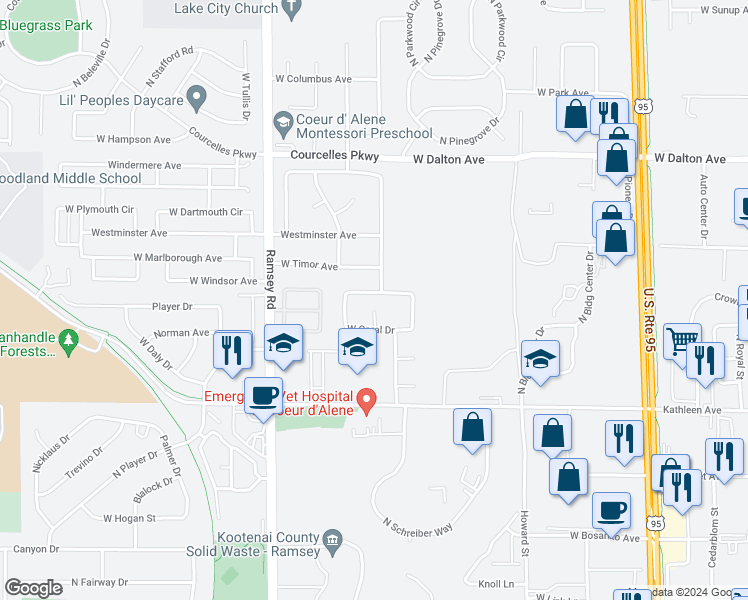 map of restaurants, bars, coffee shops, grocery stores, and more near 1384 Bering Drive in Coeur d'Alene
