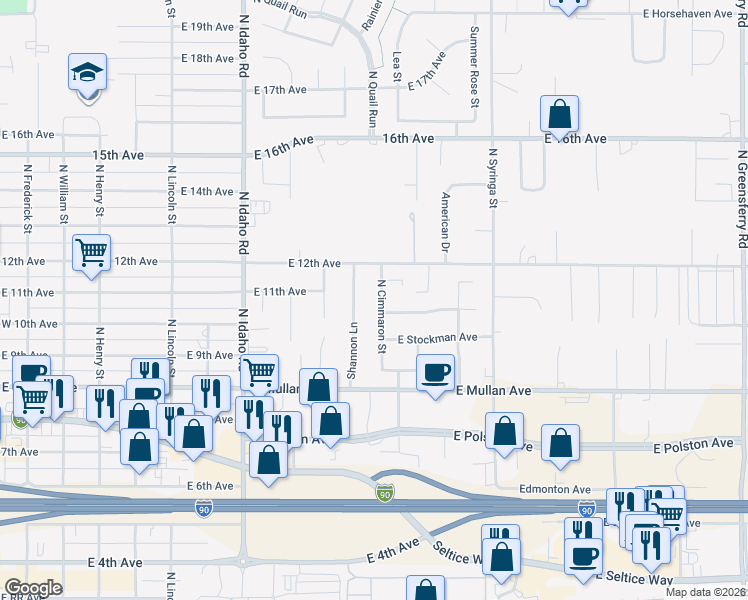 map of restaurants, bars, coffee shops, grocery stores, and more near 1226 East Cactus Avenue in Post Falls