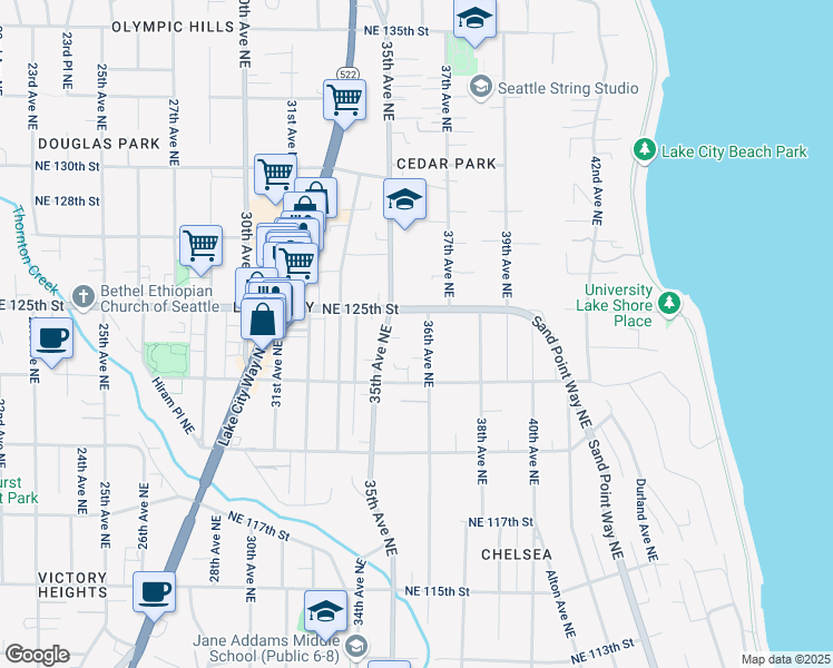 map of restaurants, bars, coffee shops, grocery stores, and more near 12317 36th Avenue Northeast in Seattle