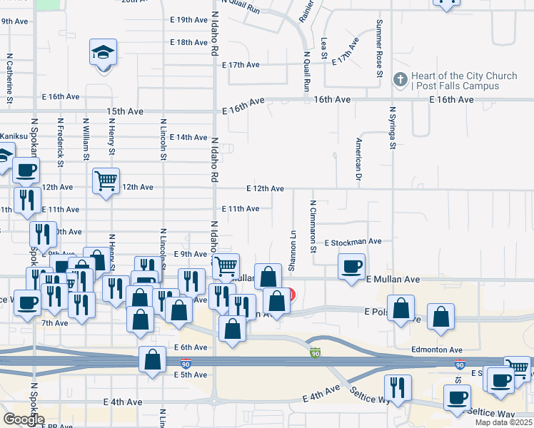 map of restaurants, bars, coffee shops, grocery stores, and more near 1005 North Adkins Drive in Post Falls
