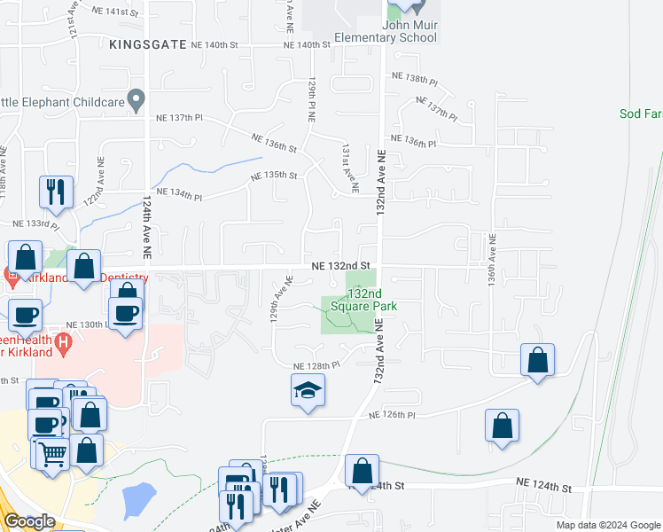 map of restaurants, bars, coffee shops, grocery stores, and more near NE 132nd St & 130th Ln NE in Kingsgate