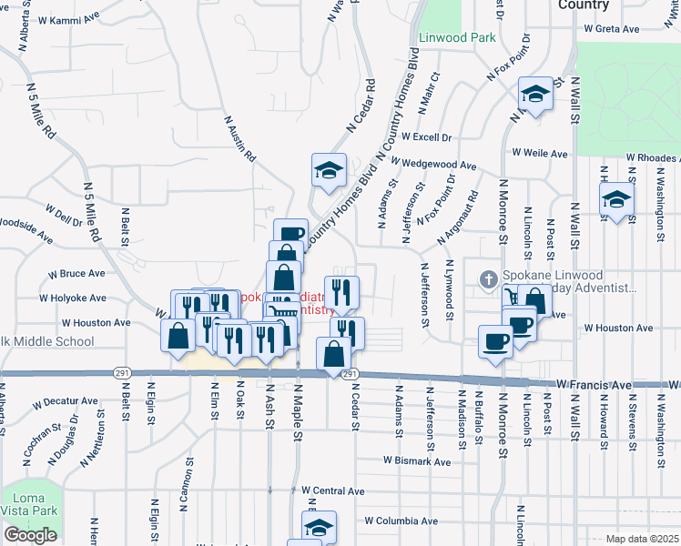 map of restaurants, bars, coffee shops, grocery stores, and more near 6619 North Cedar Road in Spokane