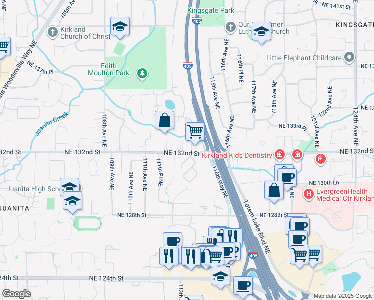 map of restaurants, bars, coffee shops, grocery stores, and more near 11240 Northeast 132nd Street in Kirkland