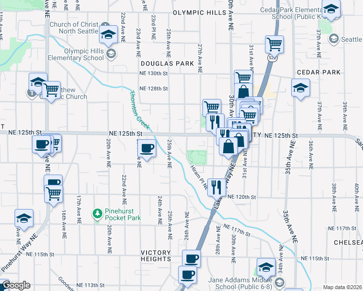 map of restaurants, bars, coffee shops, grocery stores, and more near 12344 Hiram Place Northeast in Seattle