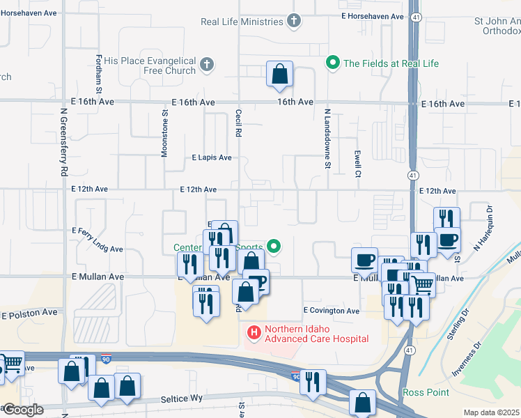 map of restaurants, bars, coffee shops, grocery stores, and more near 3275 Quad Park Court in Post Falls