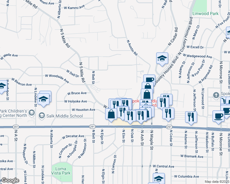 map of restaurants, bars, coffee shops, grocery stores, and more near 1823 West Northridge Court in Spokane
