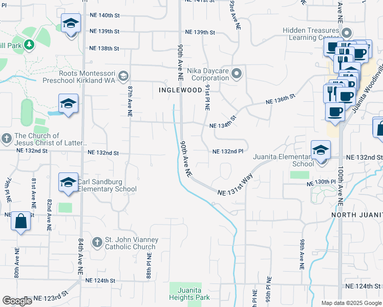 map of restaurants, bars, coffee shops, grocery stores, and more near 9058 Northeast 131st Place in Kirkland