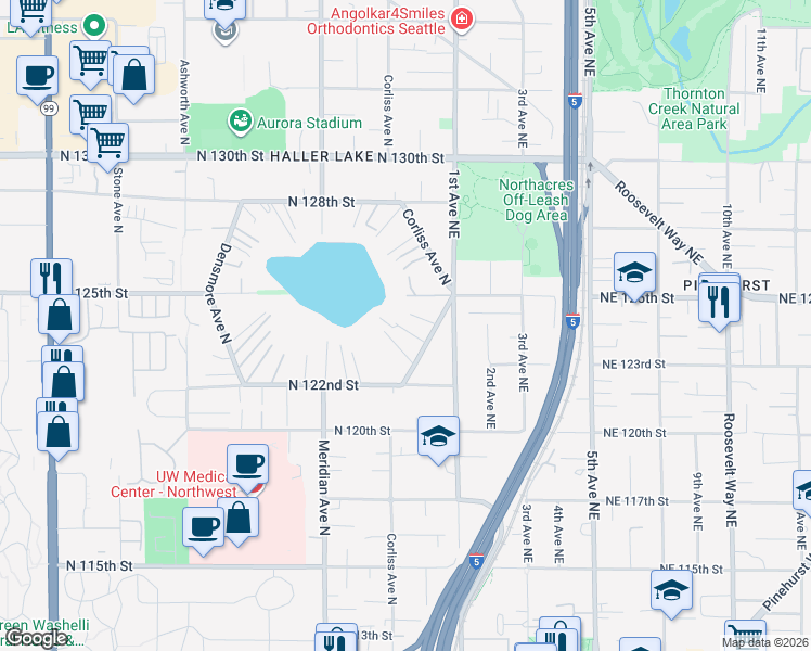 map of restaurants, bars, coffee shops, grocery stores, and more near 12221 Corliss Avenue North in Seattle