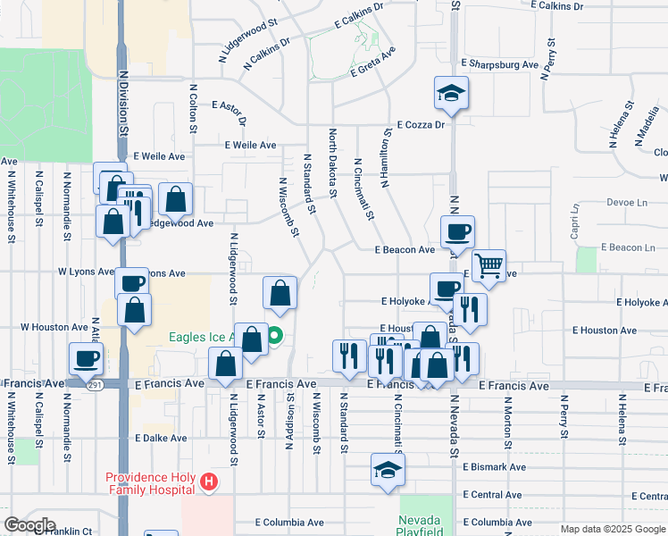 map of restaurants, bars, coffee shops, grocery stores, and more near 608 East Addison Drive in Spokane