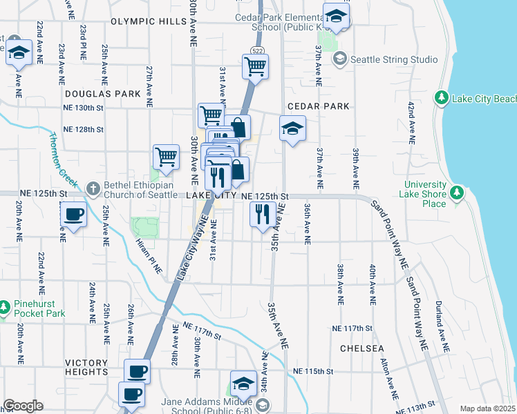 map of restaurants, bars, coffee shops, grocery stores, and more near 3316 Northeast 125th Street in Seattle