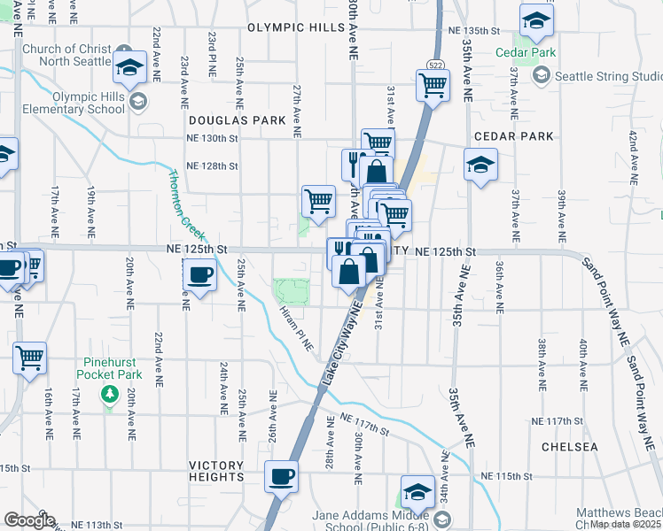 map of restaurants, bars, coffee shops, grocery stores, and more near 12501-12525 28th Avenue Northeast in Seattle