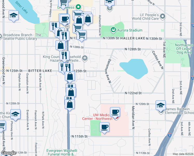 map of restaurants, bars, coffee shops, grocery stores, and more near 25 North 125th Street in Seattle
