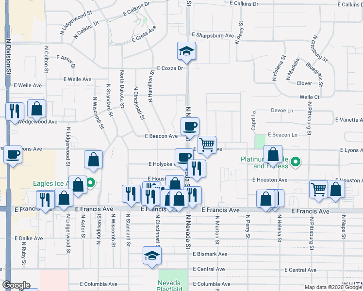map of restaurants, bars, coffee shops, grocery stores, and more near 857 East Lyons Avenue in Spokane
