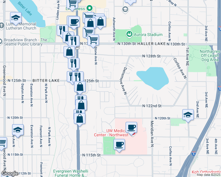 map of restaurants, bars, coffee shops, grocery stores, and more near 25 North 125th Street in Seattle