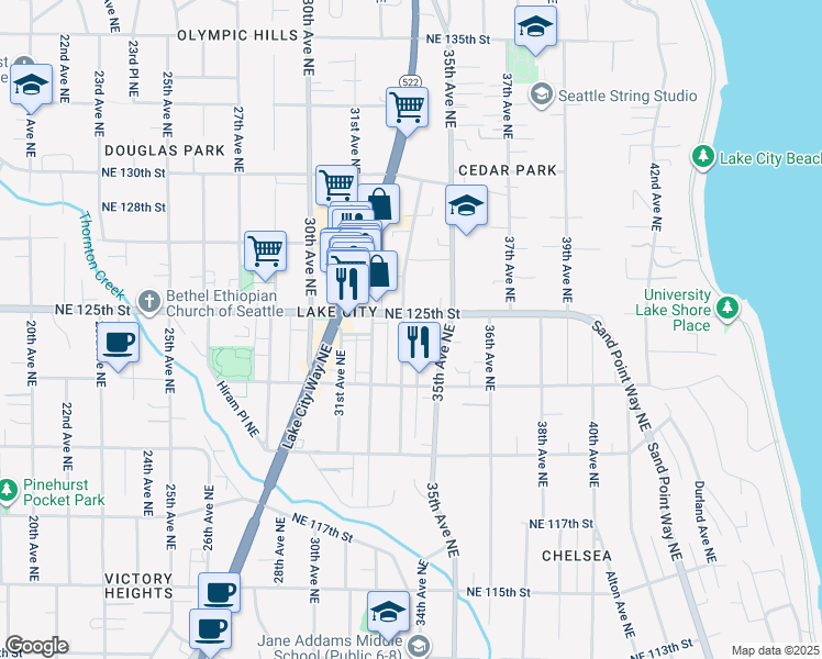 map of restaurants, bars, coffee shops, grocery stores, and more near 3316 Northeast 125th Street in Seattle