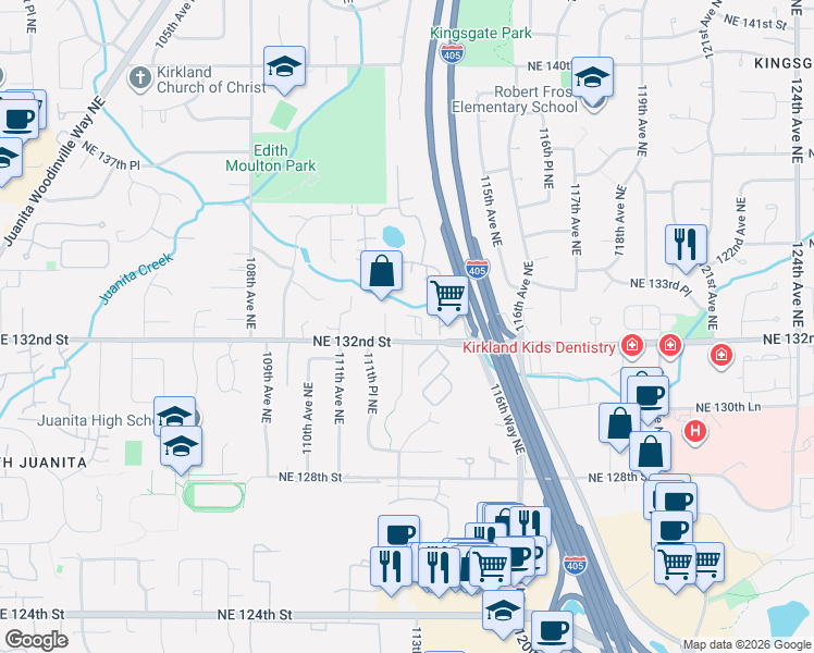 map of restaurants, bars, coffee shops, grocery stores, and more near 11230 Northeast 132nd Street in Kirkland