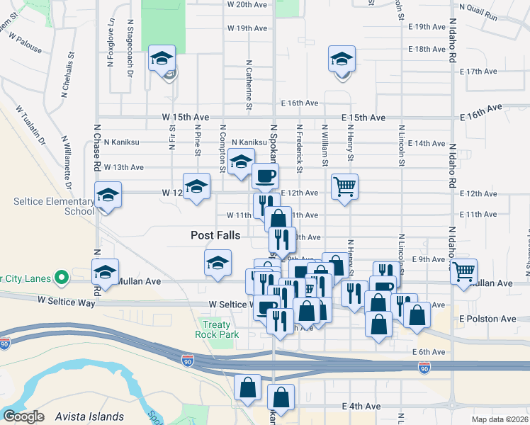 map of restaurants, bars, coffee shops, grocery stores, and more near 105 West 12th Avenue in Post Falls